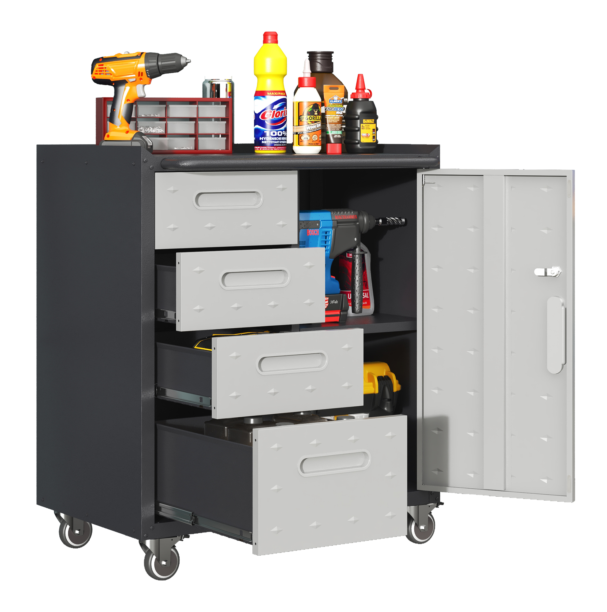 Armoire à outils en métal avec tiroirs, roulettes pivotantes verrouillables à 360°, 75 × 42 × 88 cm, gris