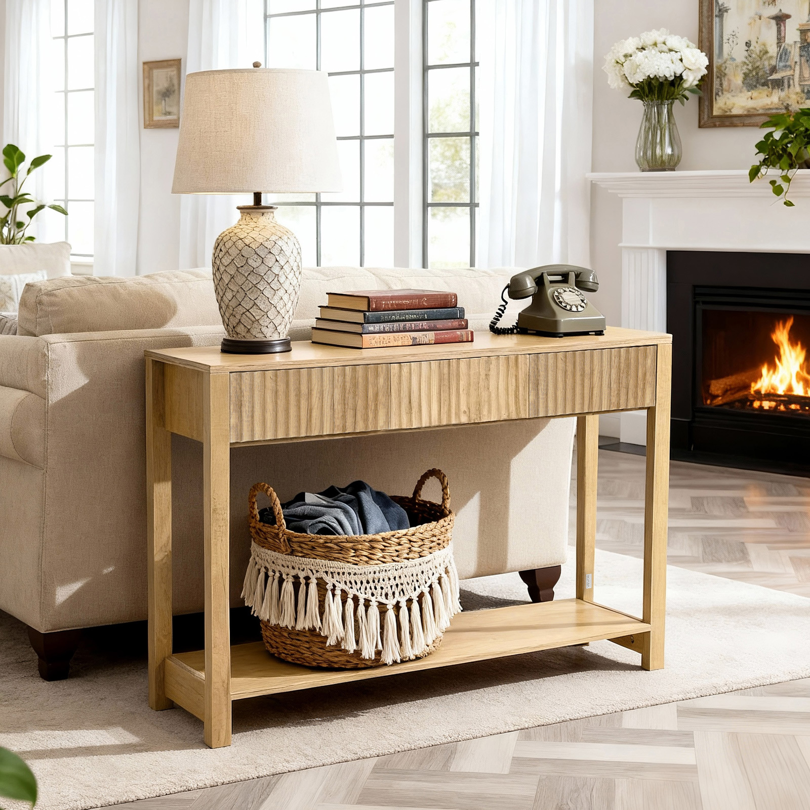 Vevor Console D’entree 120 Cm De Long, Table Console De Style Campagnard, Table Deappoint Rectangulaire En Bois, Avec Tiroirs Et Etagere De Rangement Inferieure, Pour Couloir Chambre Salon Vestibule