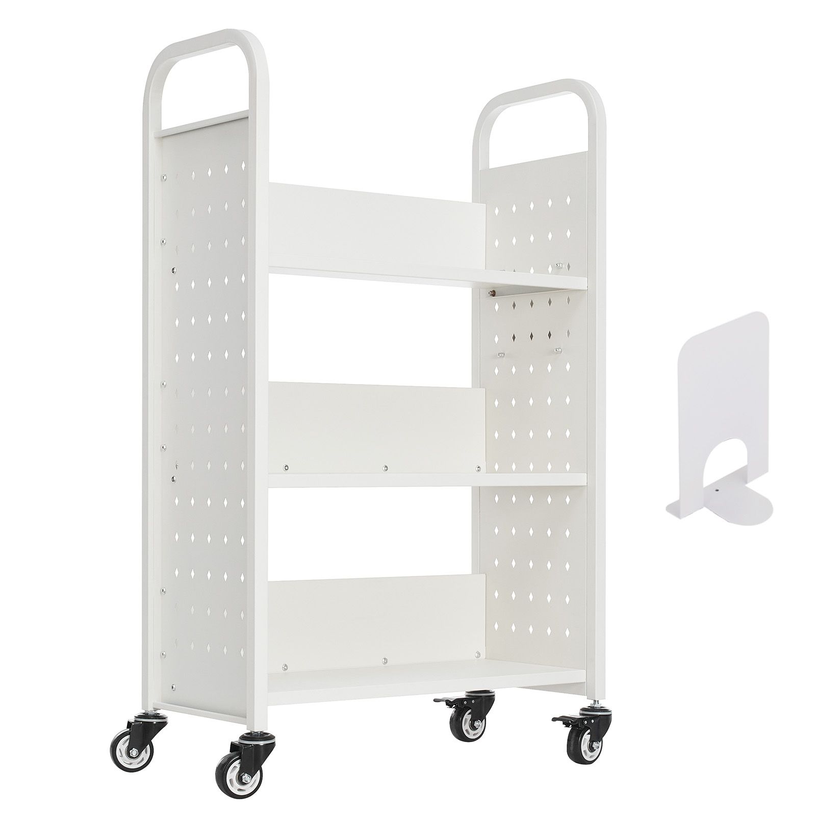 Chariot de bibliothèque à roulettes 150 kg, 3 étagères en L, 77x38x122 cm, blanc