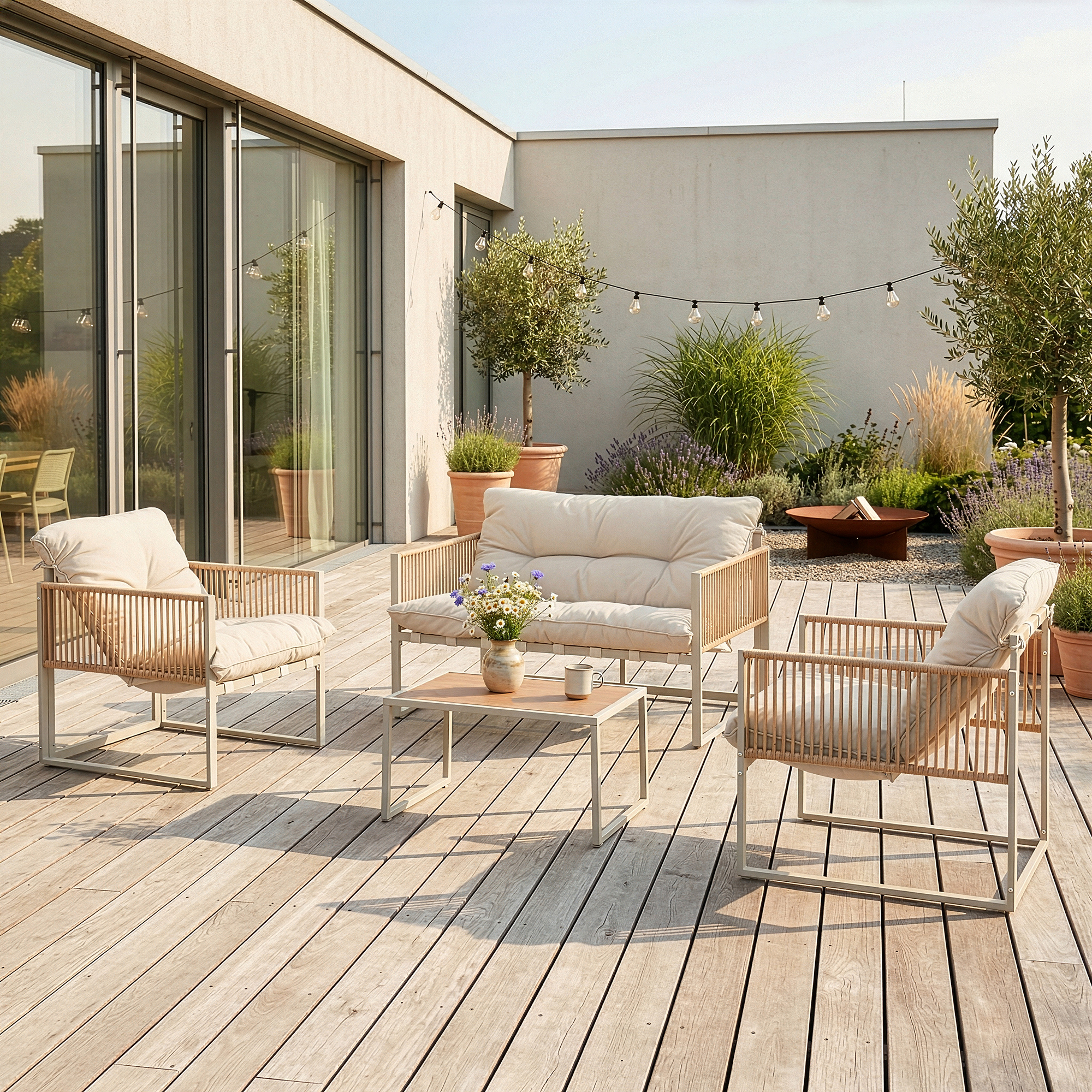 Casa.pro – Salon De Jardin 4 Pièces Effet Rotin Beige – 2 Fauteuils Et