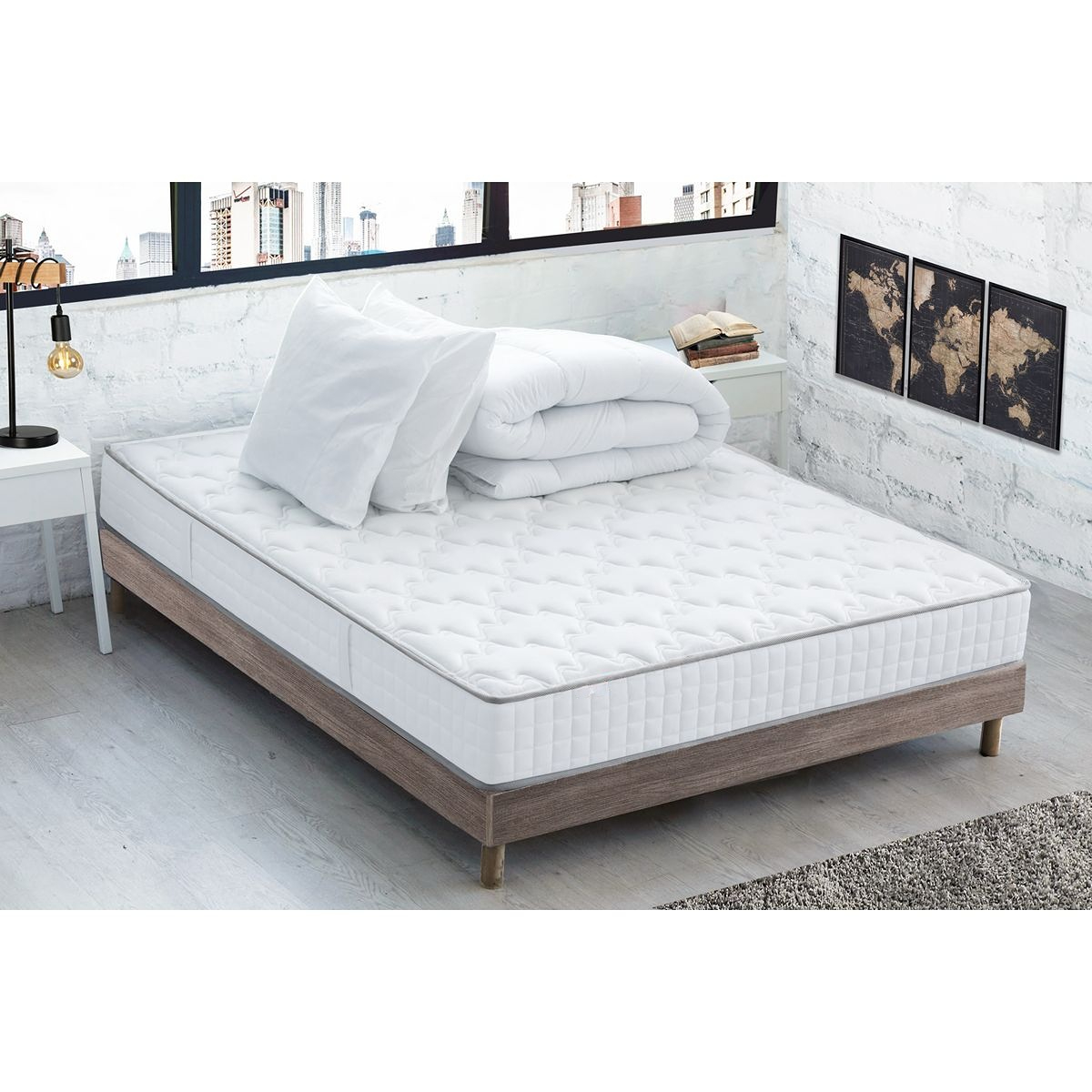 Ensemble Matelas Et Sommier Tapissier Avec Couette Et 2 Oreillers