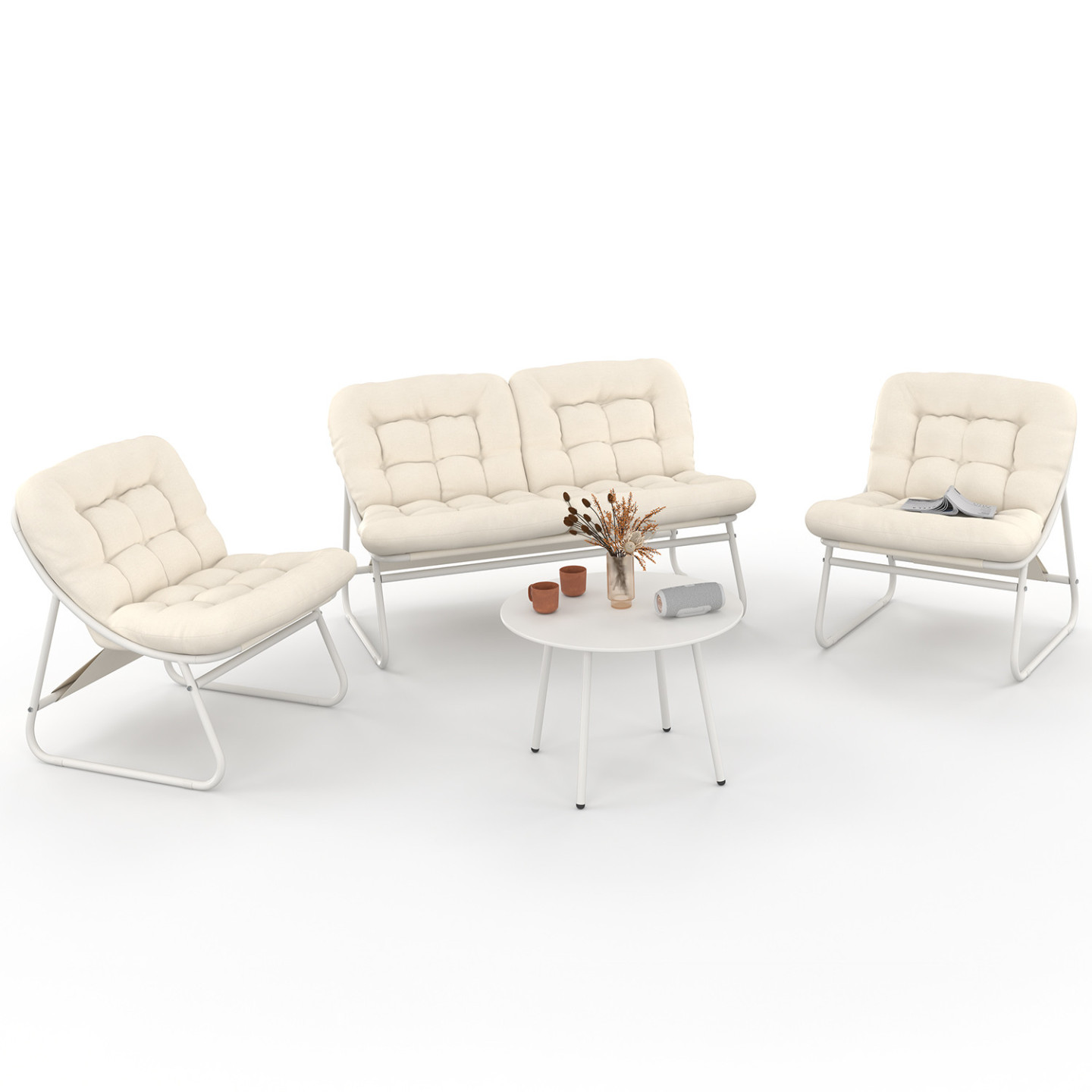 Idmarket – Salon De Jardin Bas 4 Places En Métal Blanc – 2 Fauteuils Et