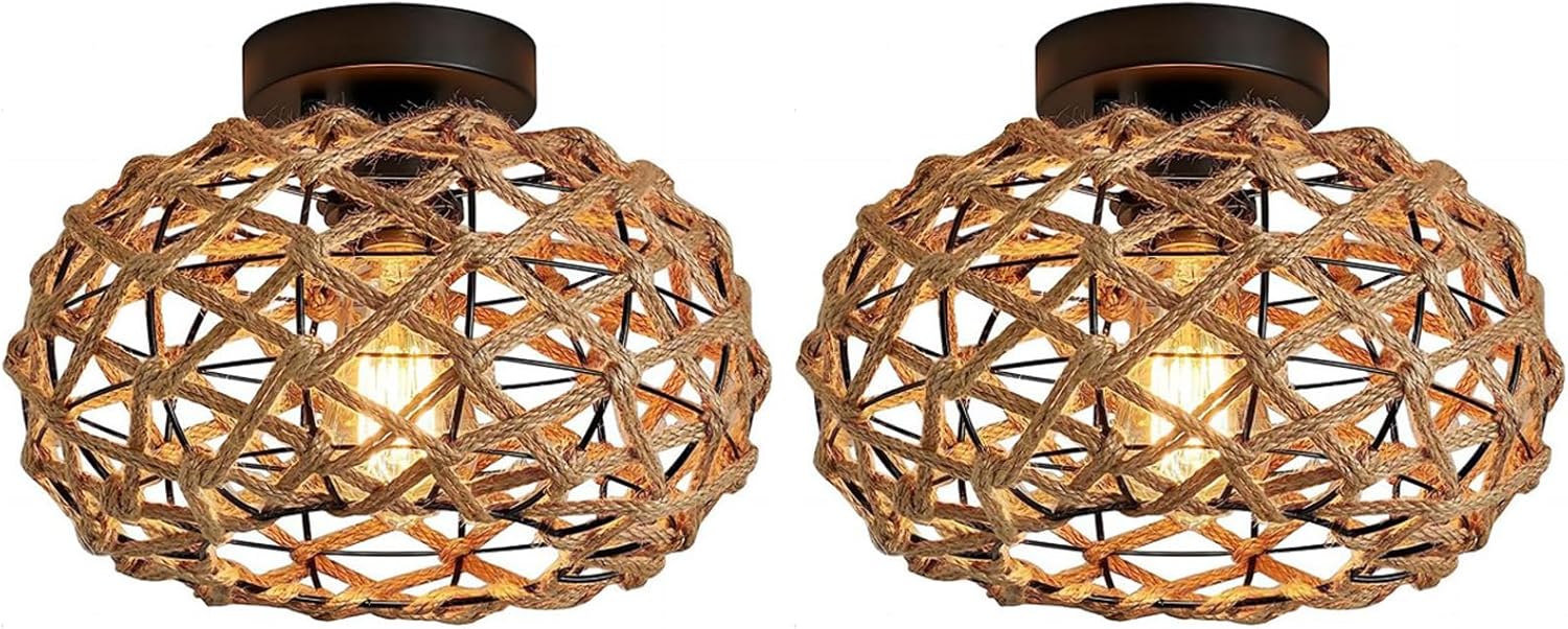 2 Pcs Plafonnier En Rotin Tressé – Lampe Semi-encastrée Wicker