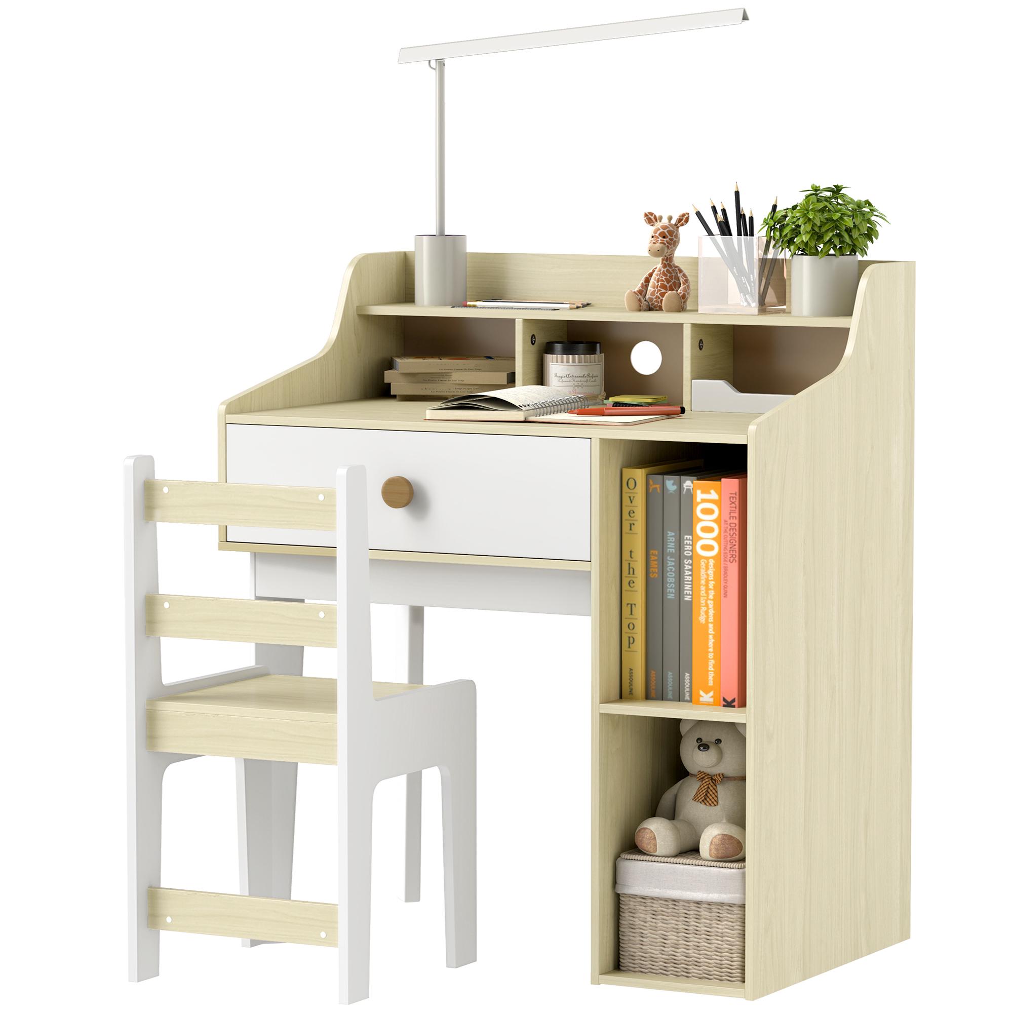 Ensemble Bureau Et Chaise En Bois Pour Enfants, Avec Étagère Et Tiroir, 3-10 Ans, Blanc Et Bois