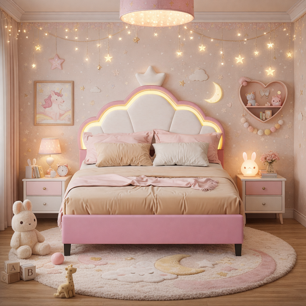 Lit Enfant Capitonné 90x200 Cm Avec Led Pour Fille Adolescent