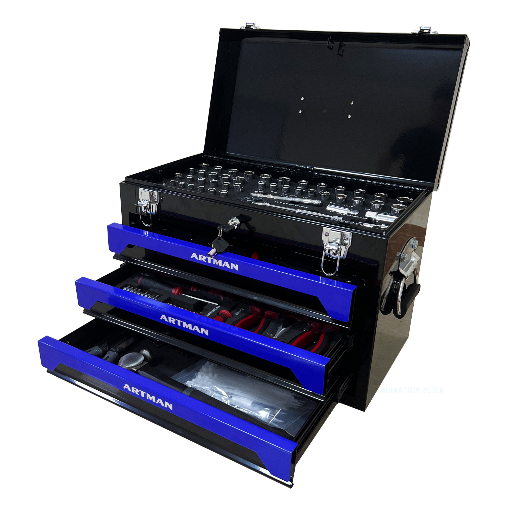 Boîte à outils portable à tiroirs en acier, 50 × 27 × 35 cm, noir