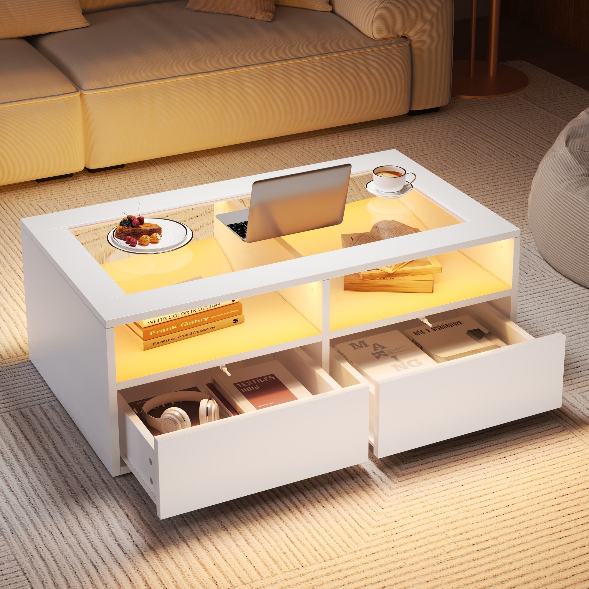 Table Basse En Verre 100x50x35cm Led 2 Tiroirs 2 Compartiments
