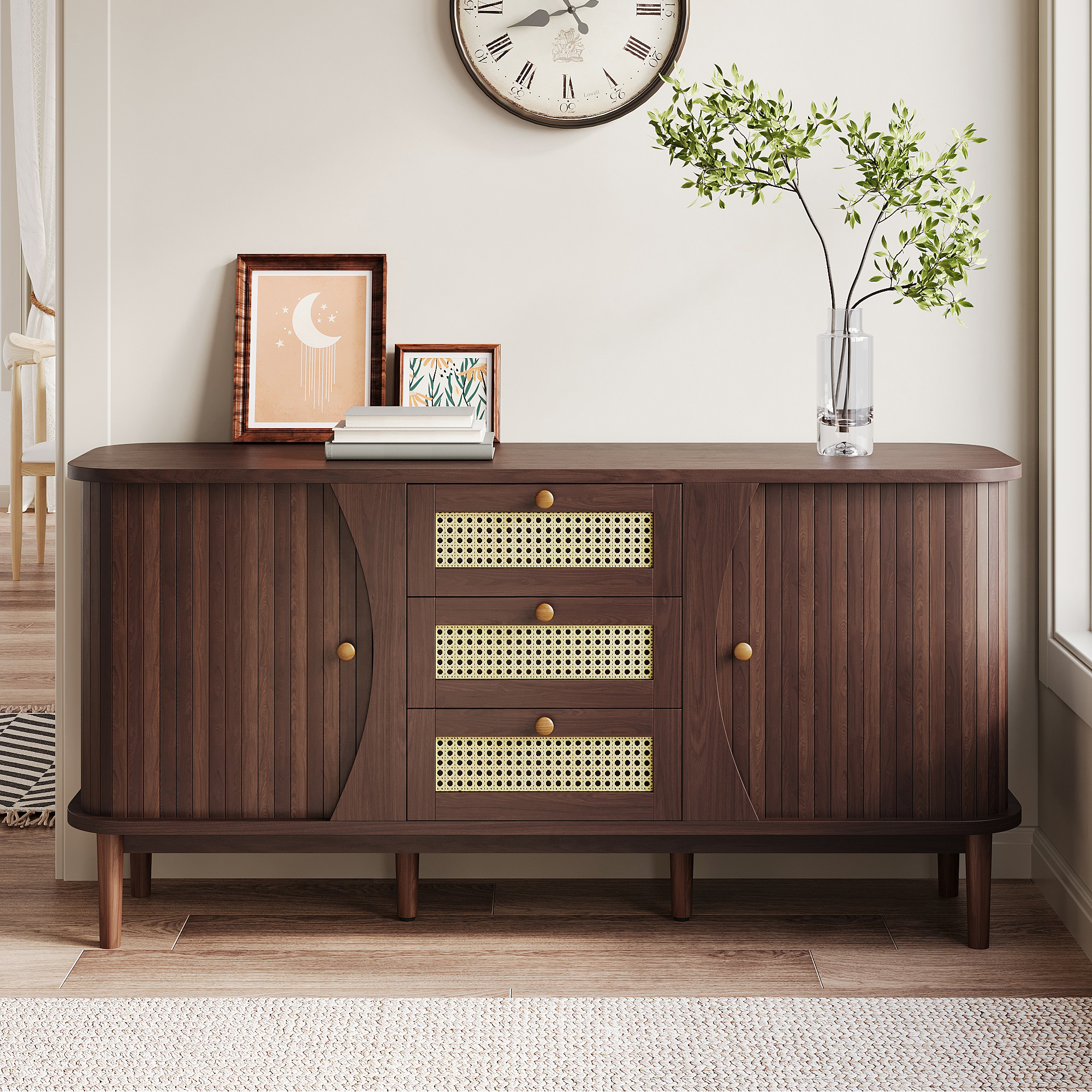 Neche – Buffet En Rotin Marron – 3 Tiroirs – Portes Coulissantes