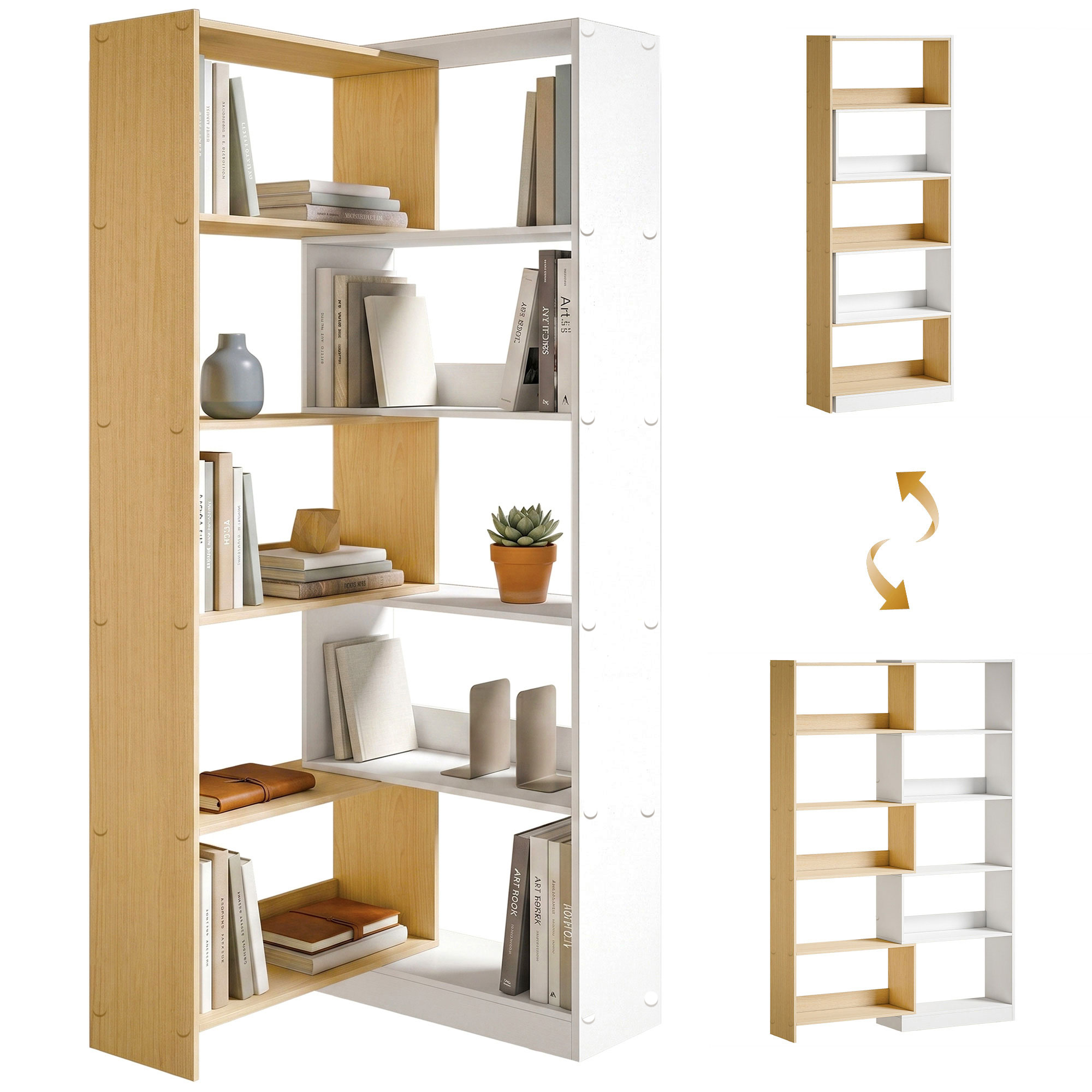 Bibliothèque D'Angle - Homcom - Rotative 350° - 5 Niveaux - Bois - 60-111x24x164cm - Chêne Et Blanc