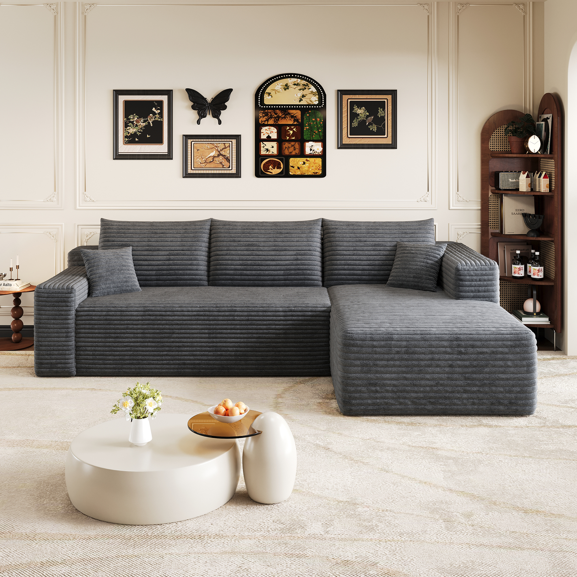 Canapé D'Angle 3 Places Sans Assemblage,compressé En Velours Côtelé Gris,chaise Longue Droite,style Minimaliste Moderne,241x151x58cm