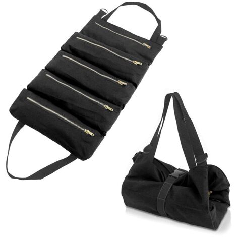 Trousse à outils en toile à enrouler, 5 poches zippées, 48 x 28 cm, noir