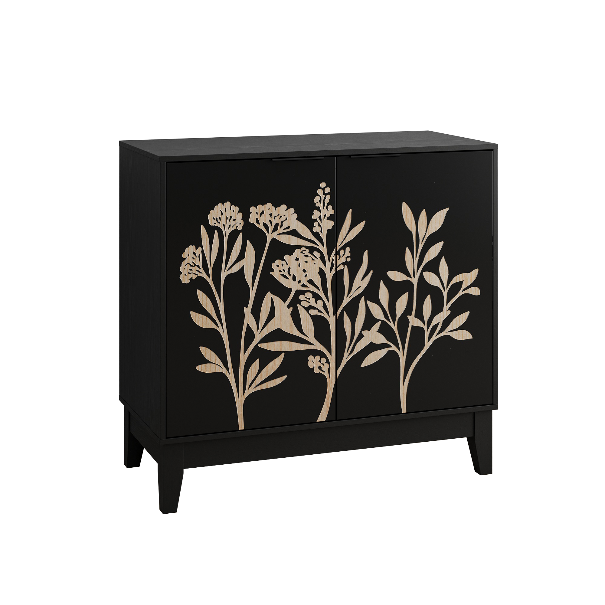 Stilvora Sideboard Mit 2 Türen Und Verstellbarem Einlegeboden, Front Mit Blumenmuster, Aus Mdf, Für Wohnzimmer, Schwarz
