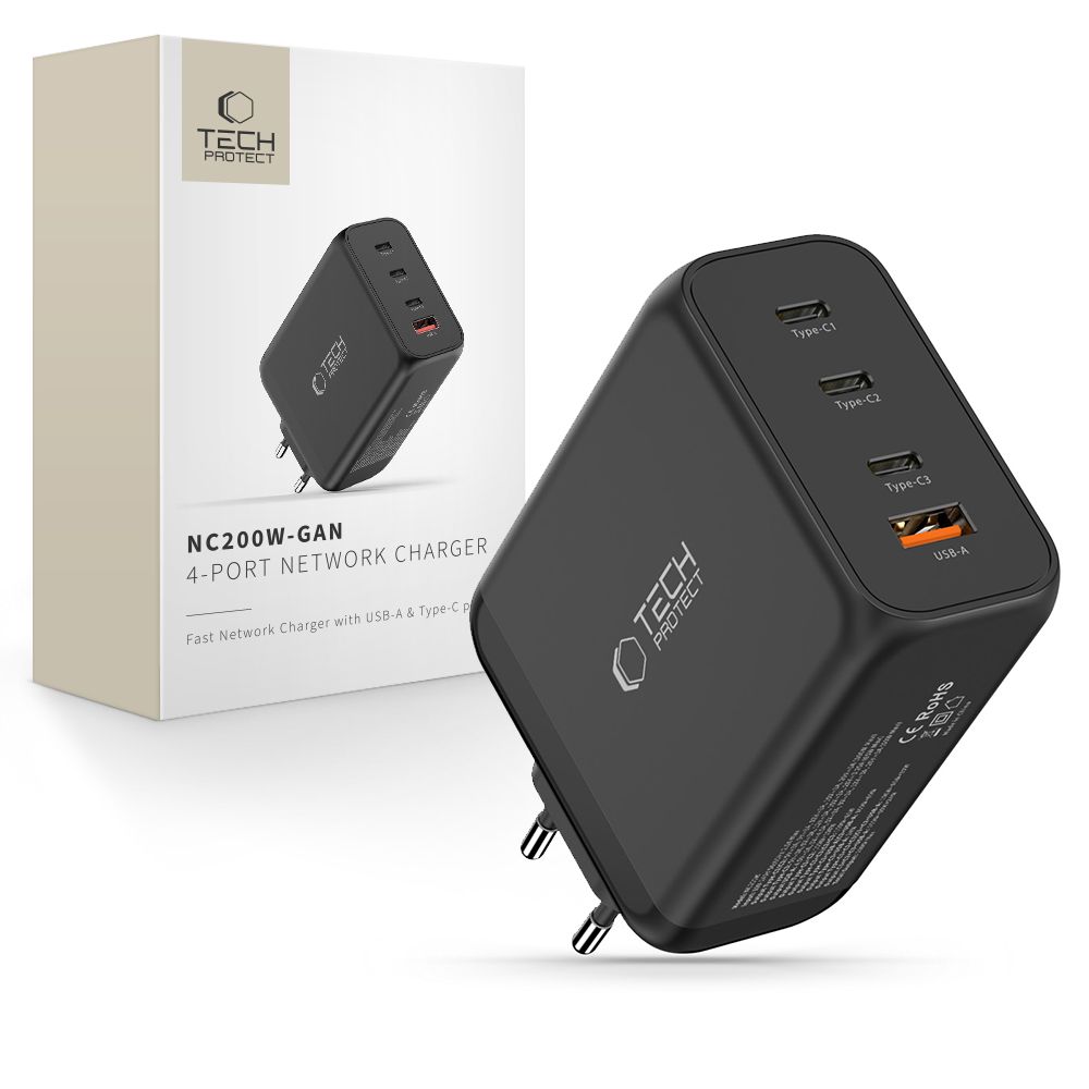 Tech-Protect Schwarz Netzladegerät Nc200w-Gan, 200W, 5A, 1 X Usb-A - 3 X Usb-C, - Bild 3