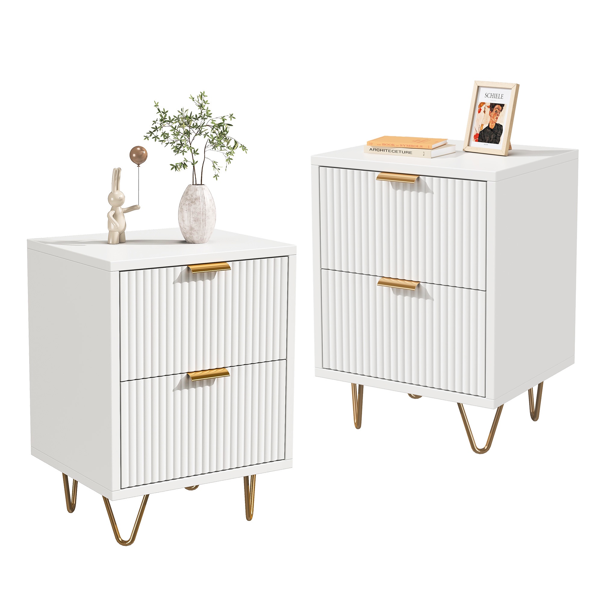 Lot De 2 Tables De Chevet - 40x40x55cm - Ondulées - Avec 2 Tiroirs Et
