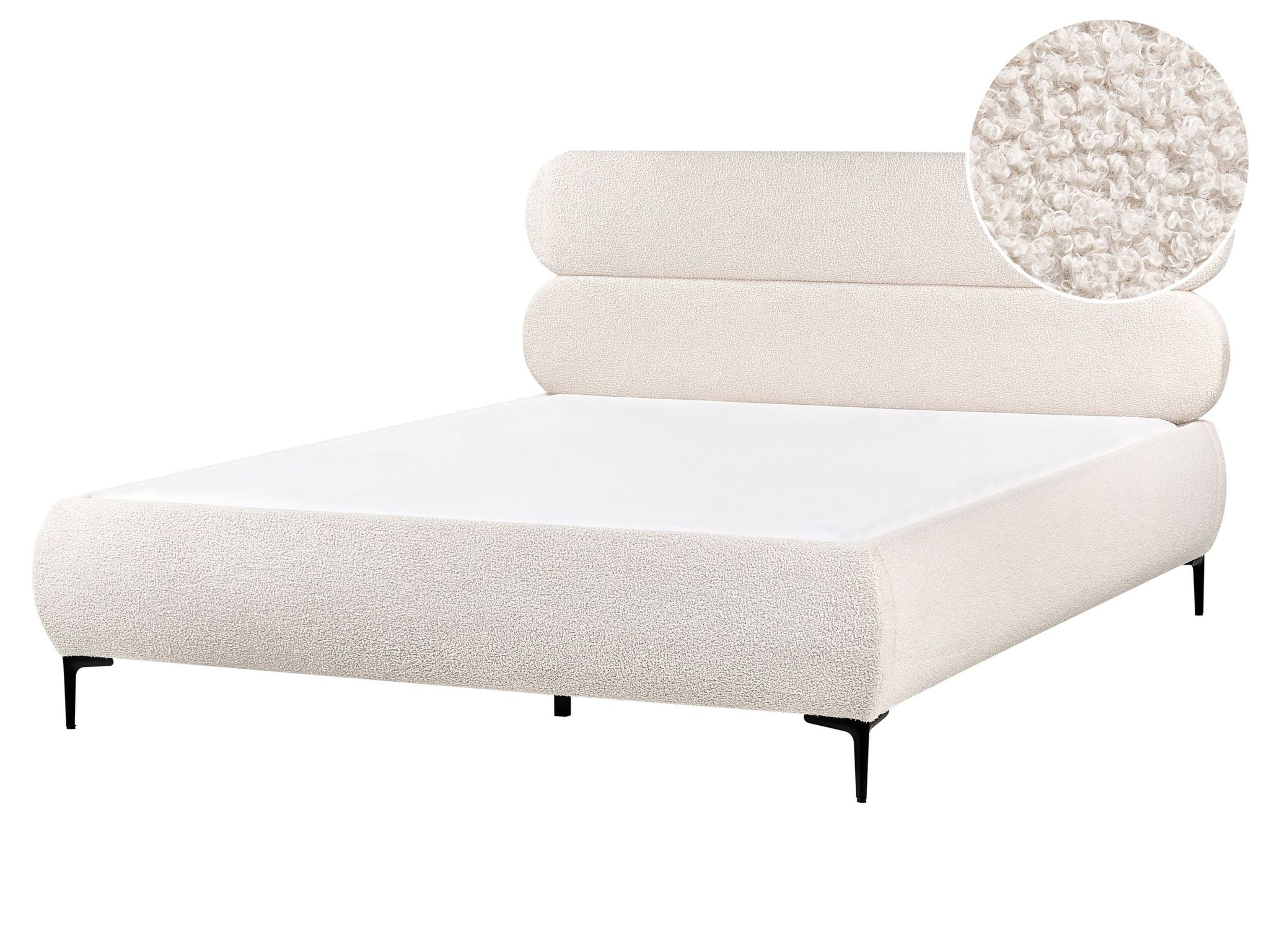 Beliani Classic Minimalist Eu King Size Boucle Bed Frame 5ft3 Wingback Headboard Black Metal Legs Bedroom Off-white Lessay