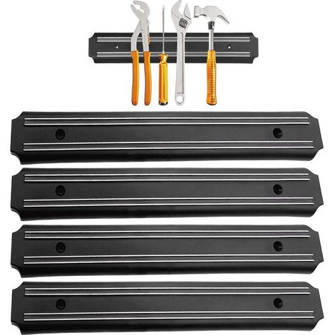 Barre aimantée murale 33 cm x 5 cm pour outils, fixation par vis et chevilles, lot de 4