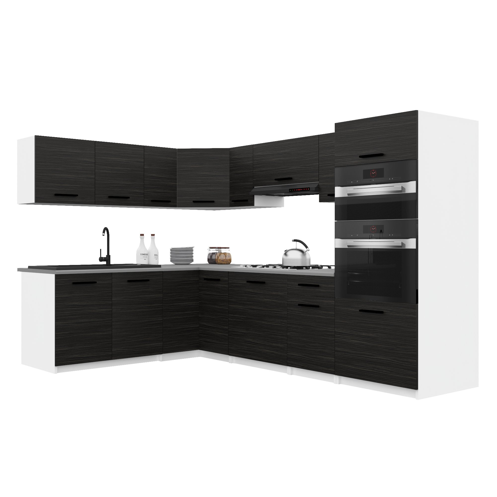 Belini Italia 8 Cuisine Equipée Modulaire Complète - 420 Cm. Meubles Hauts Bas Avec Plan De Travail, Ébène