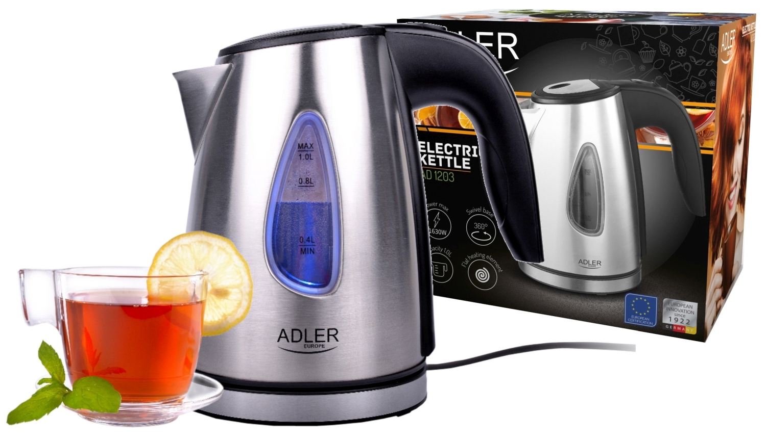 Adler Ad 1203 Elektrischer Wasserkocher, 1 L, Metall, Silber - Bild 4