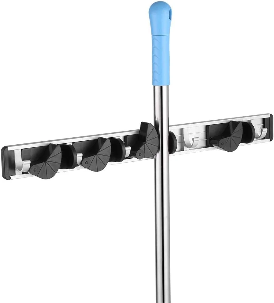 Porte-balai et brosse mural en aluminium et ABS, 4 positions et 5 crochets, manche jusqu'à 33 mm