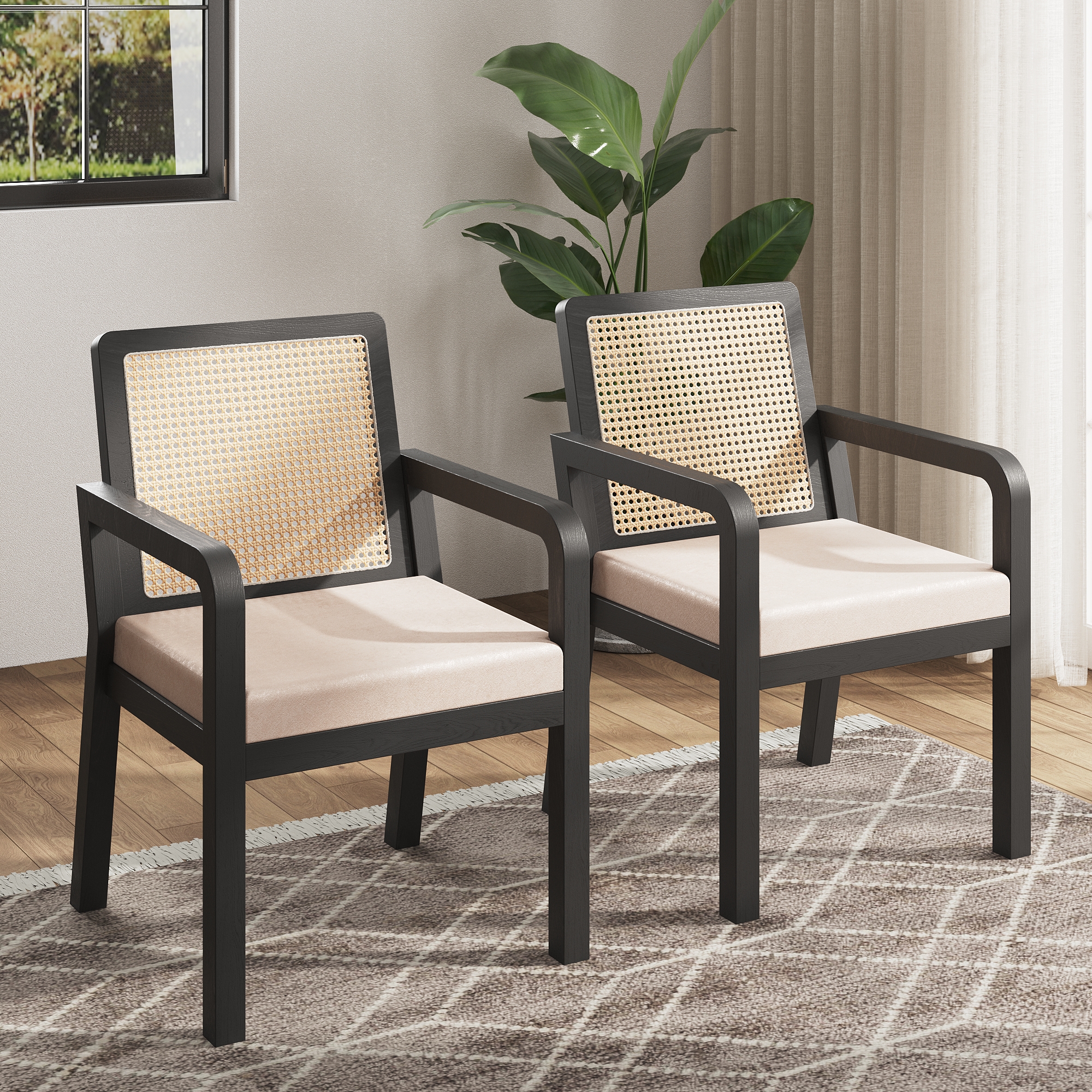 Stilvora Esszimmerstuhl Ergonomisch Mit Pe-rattan-rückenlehne Und Verstellbaren Füßen Aus Gummibaumholz Schwarz 56 × 57 × 83 Cm