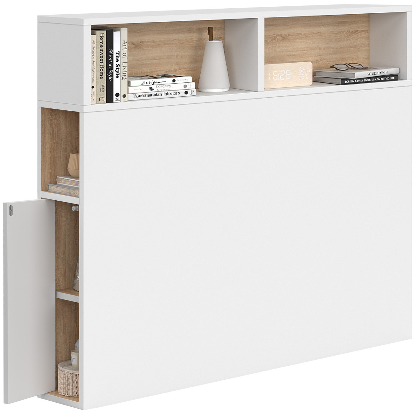 Idmarket – Tête De Lit 95 Cm Avec Rangements Fermés Et Niches – Structure Robuste En Blanc Et Hêtre – Dimensions : L. 95 X L. 20 X H. 100 Cm