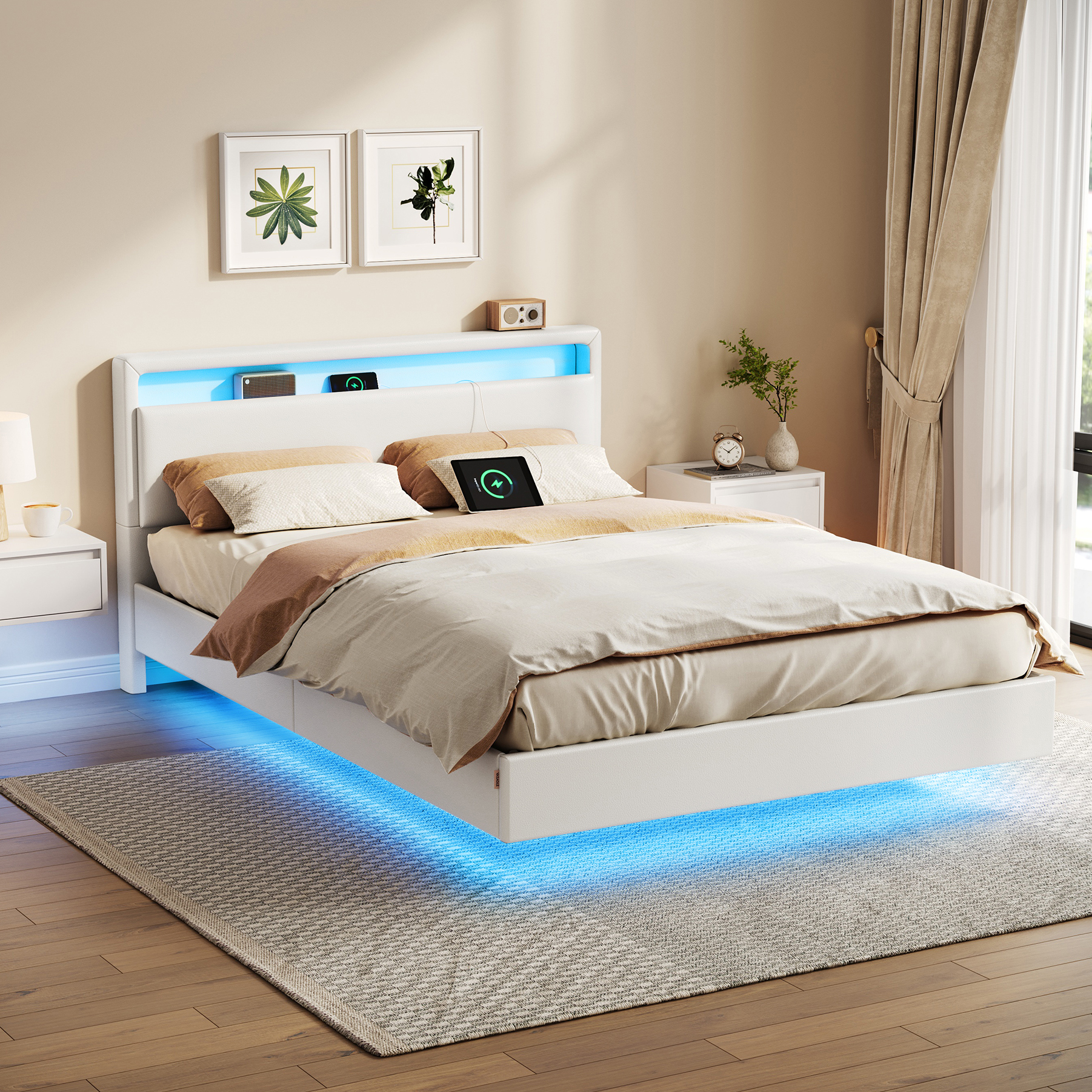 Vasagle – Lit Double Flottant 140 X 190 Cm – Éclairage Led Rgb – Tête