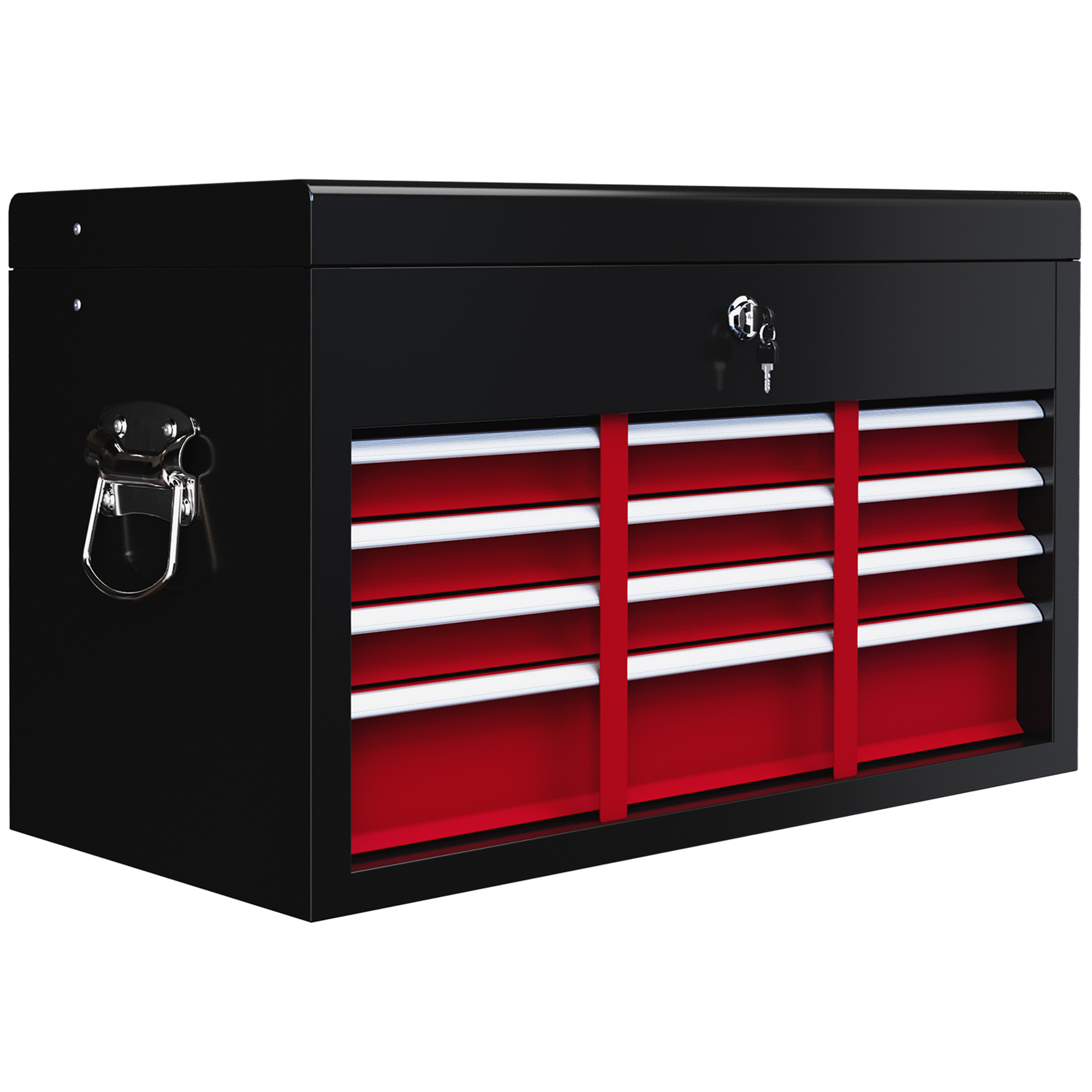 Boîte à outils en acier à 6 tiroirs avec serrure et poignée, rouge et noir, 60x26x34 cm