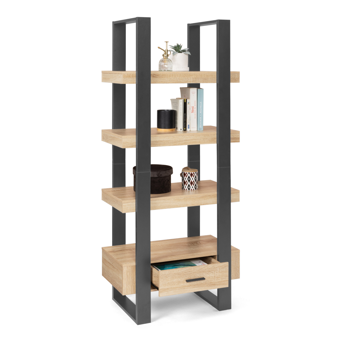 Idmarket - Etagère 4 Niveaux Avec Tiroir Phoenix Bois Et Noir