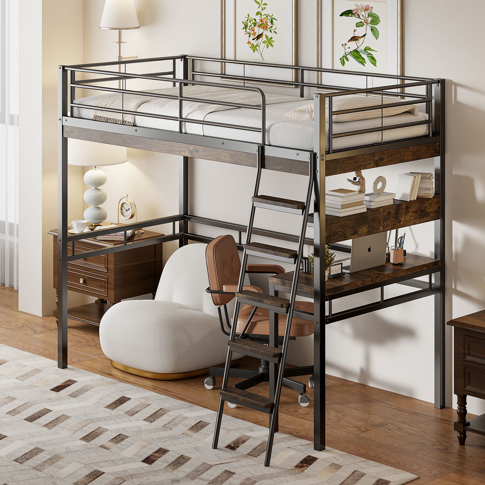 Stilvora Hochbett 90 X 200 Cm Mit Schreibtisch, Regalen Und Rausfallschutz, Ohne Matratze, Aus Metall, Schwarz