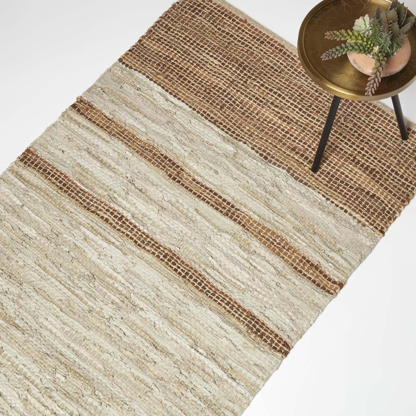 Homescapes - Brown Recycled Leather Handwoven Stripe Rug, 160 X 230 Cm