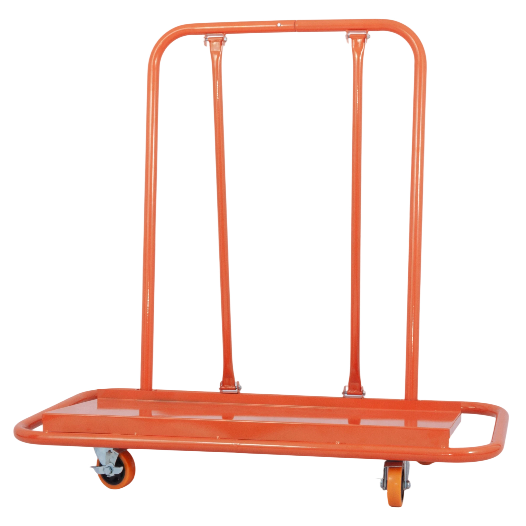 Chariot de transport pour plaques, structure triangulaire, charge 1000 kg, 4 roues pivotantes dont 2 avec freins, orange