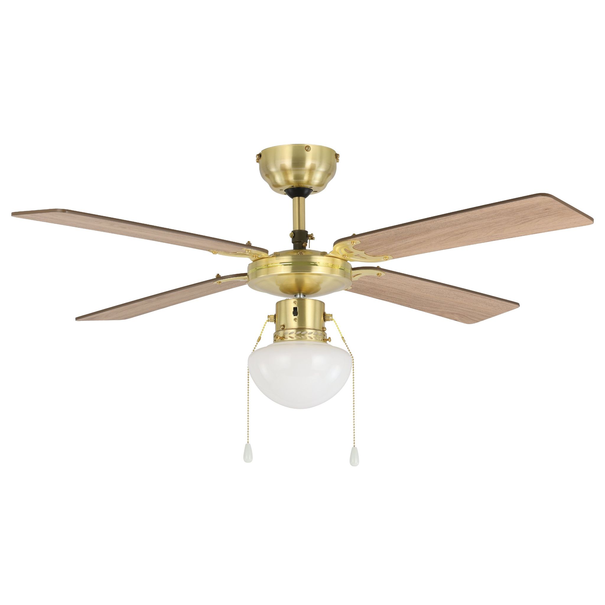 Deckenventilator Fortaleza, 4 Flügel Ventilator Mit Zugkette, Beleuchtung Und Sommer Winter Betrieb, Holz, Brünierter Stahl Und Glas In Weiß, Ac Motor, Ø 106,6cm - Eglo