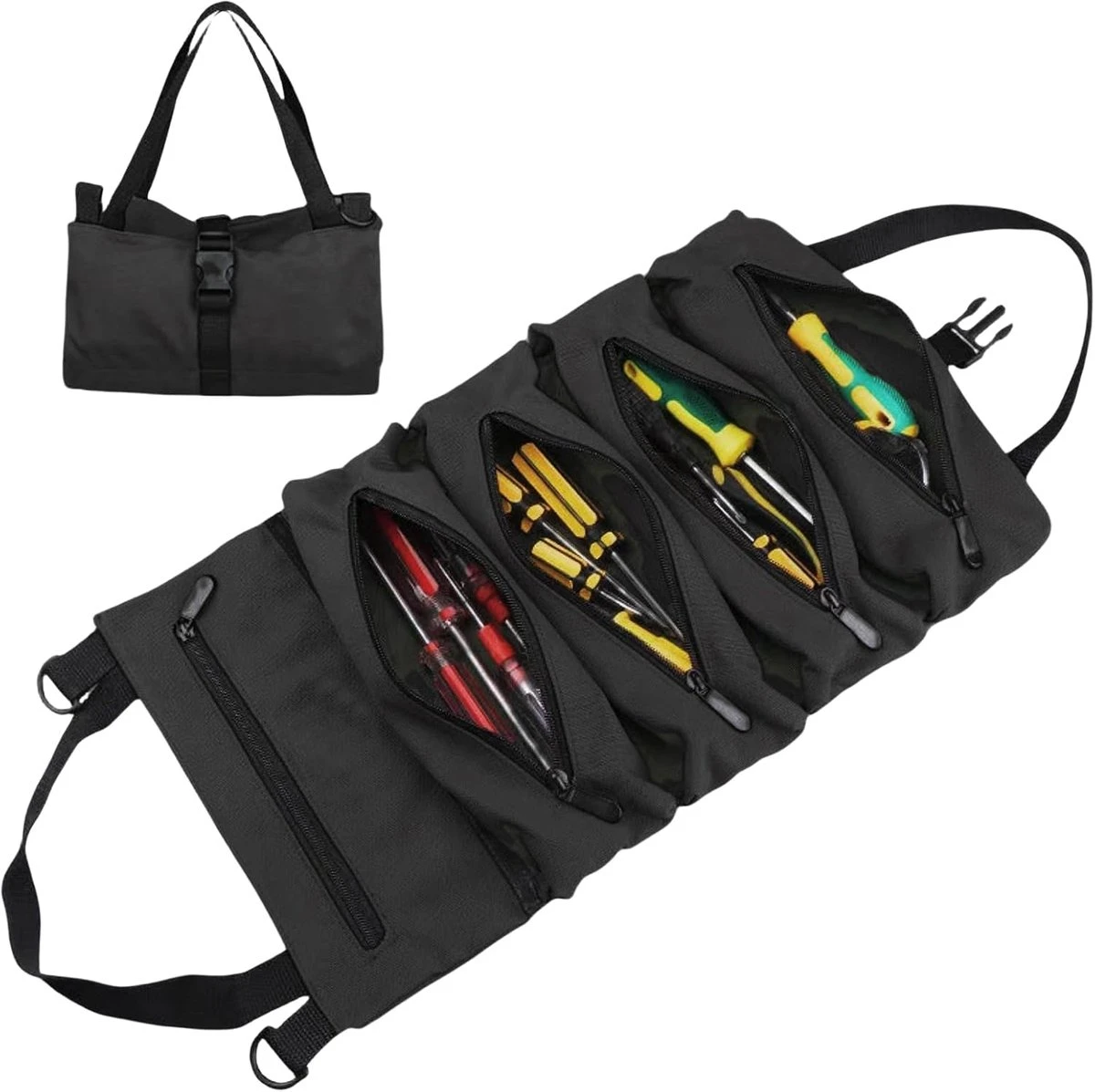 Sac à outils enroulable en toile Oxford, 5 compartiments zippés, 49 x 29 cm, noir
