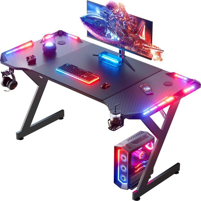 Ecofurnix - Bureau Gaming Ergonomique Noir En Fibre De Carbone - 160 X