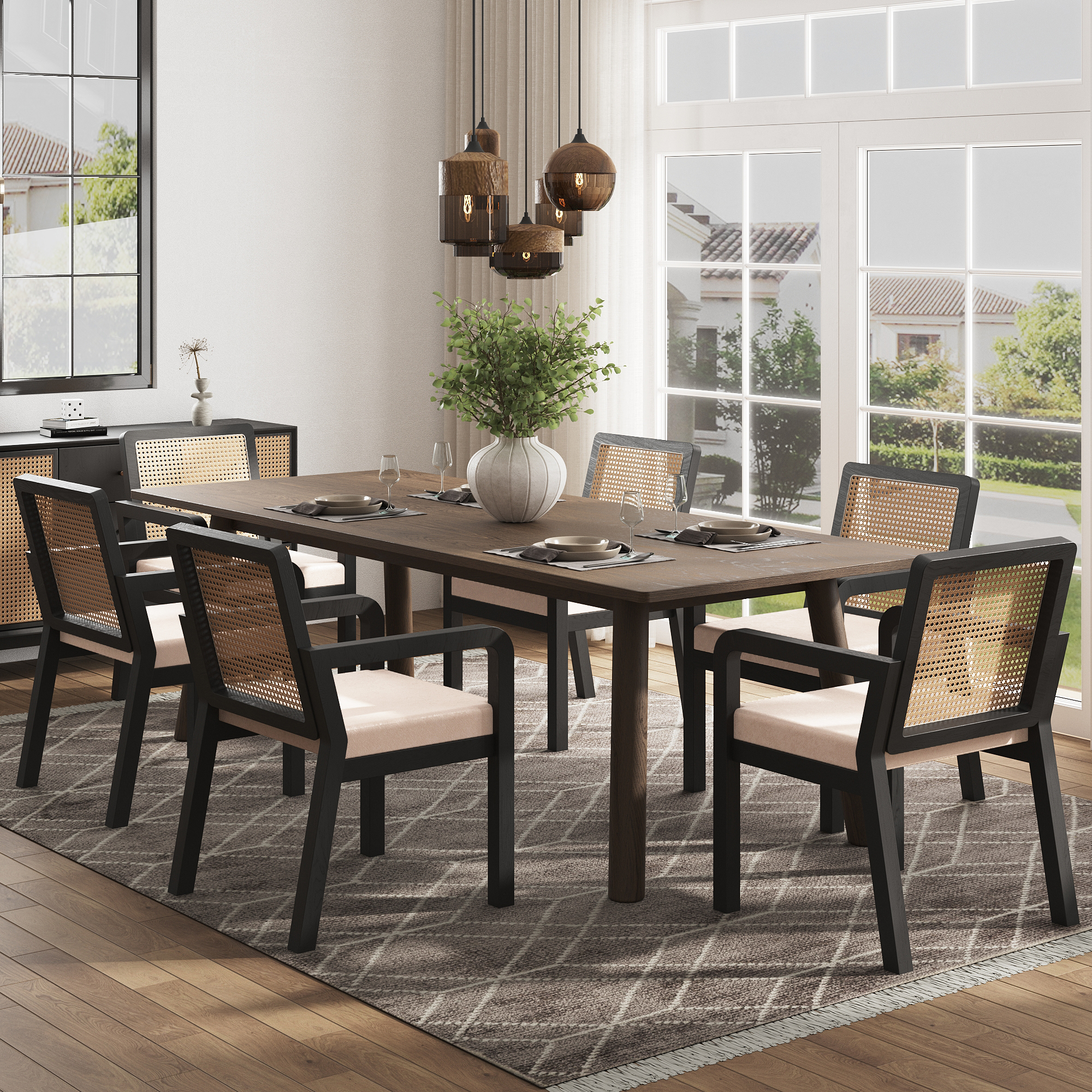 Stilvora Esszimmerstuhl Ergonomischer Stuhl Mit Rattanrückenlehne Und Verstellbaren Füßen Aus Samt Und Gummibaumholz Schwarz