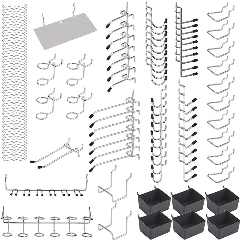 Assortiment de 140 crochets pour pegboard, 15 modèles droits, incurvés et inclinés, avec verrous