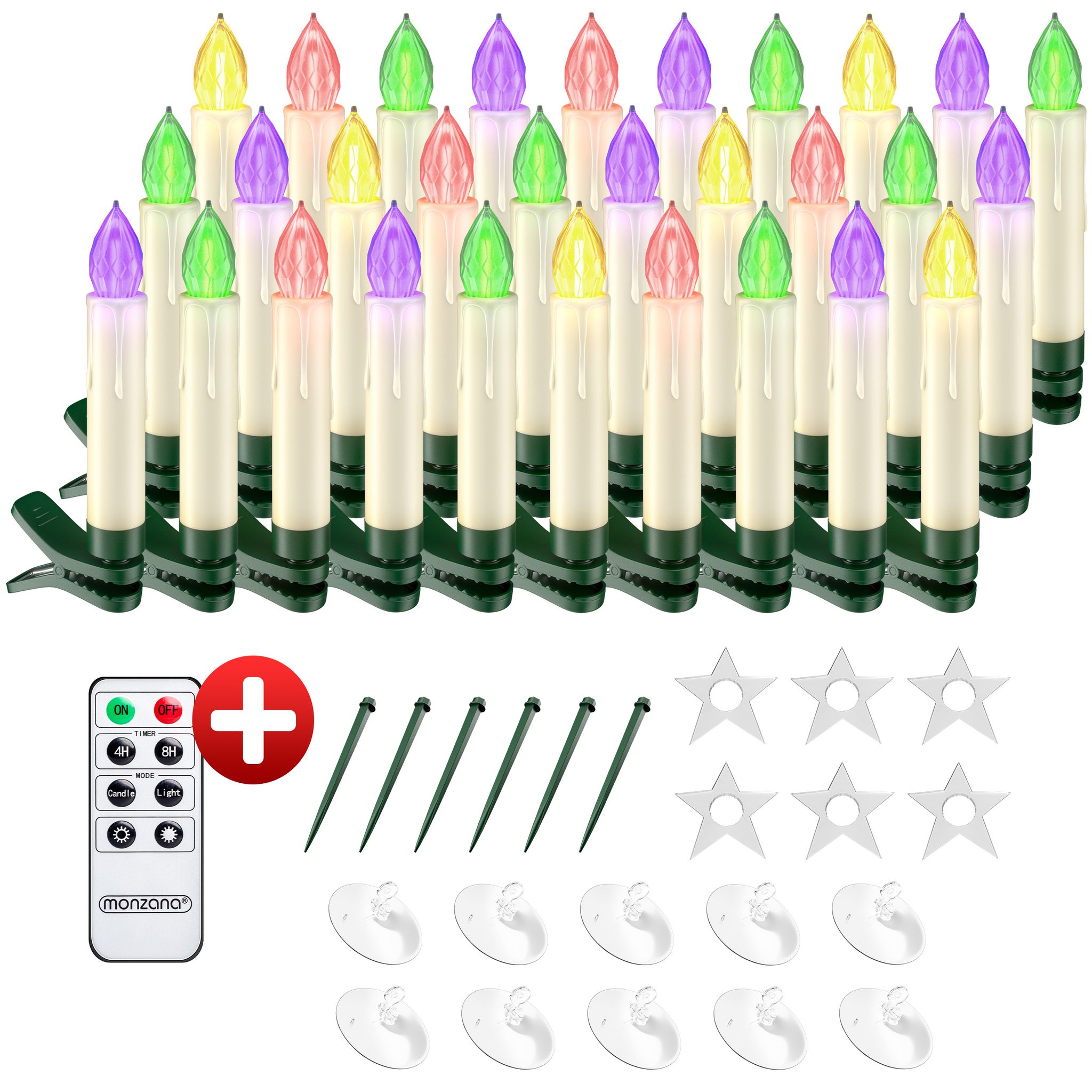 30x Led Weihnachtskerzen Kabellos Flackern Dimmbar Timer Fernbedienung Batterie Weihnachtsbaum Lichterkette Weiß Bunt Bunt - Monzana