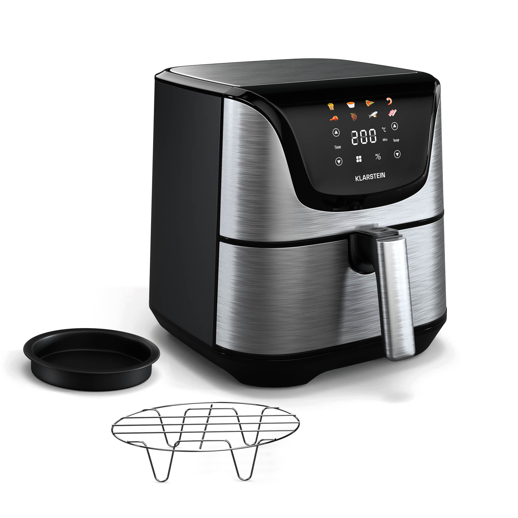 Klarstein Grau Aerovital Deluxe Heißluftfritteuse 5,4L Airfryer, 1700W, Touch-Display, 8 Programme, Antihaftbeschichtung, Grillrost & Pizzablech, Cooltouch-Gehäuse, Timer & Temperaturkontrolle, Edelstahl
