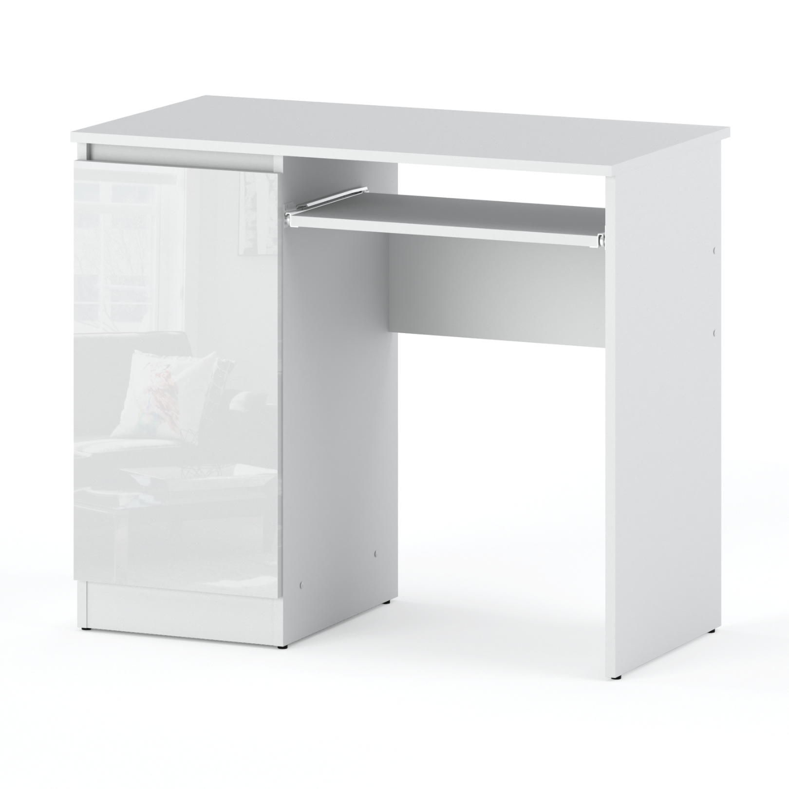 Bureau Gaming - 90 Cm - Blanc Brillant - Design Moderne - 2 Étagres Pratiques