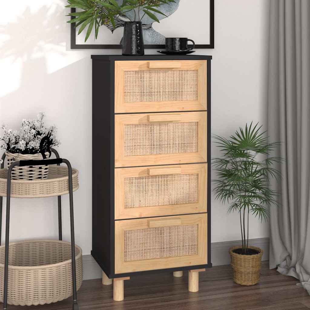 Buffet Noir 40x30x90 Cm Bois De Pin Massif Et Rotin Naturel Vidaxl