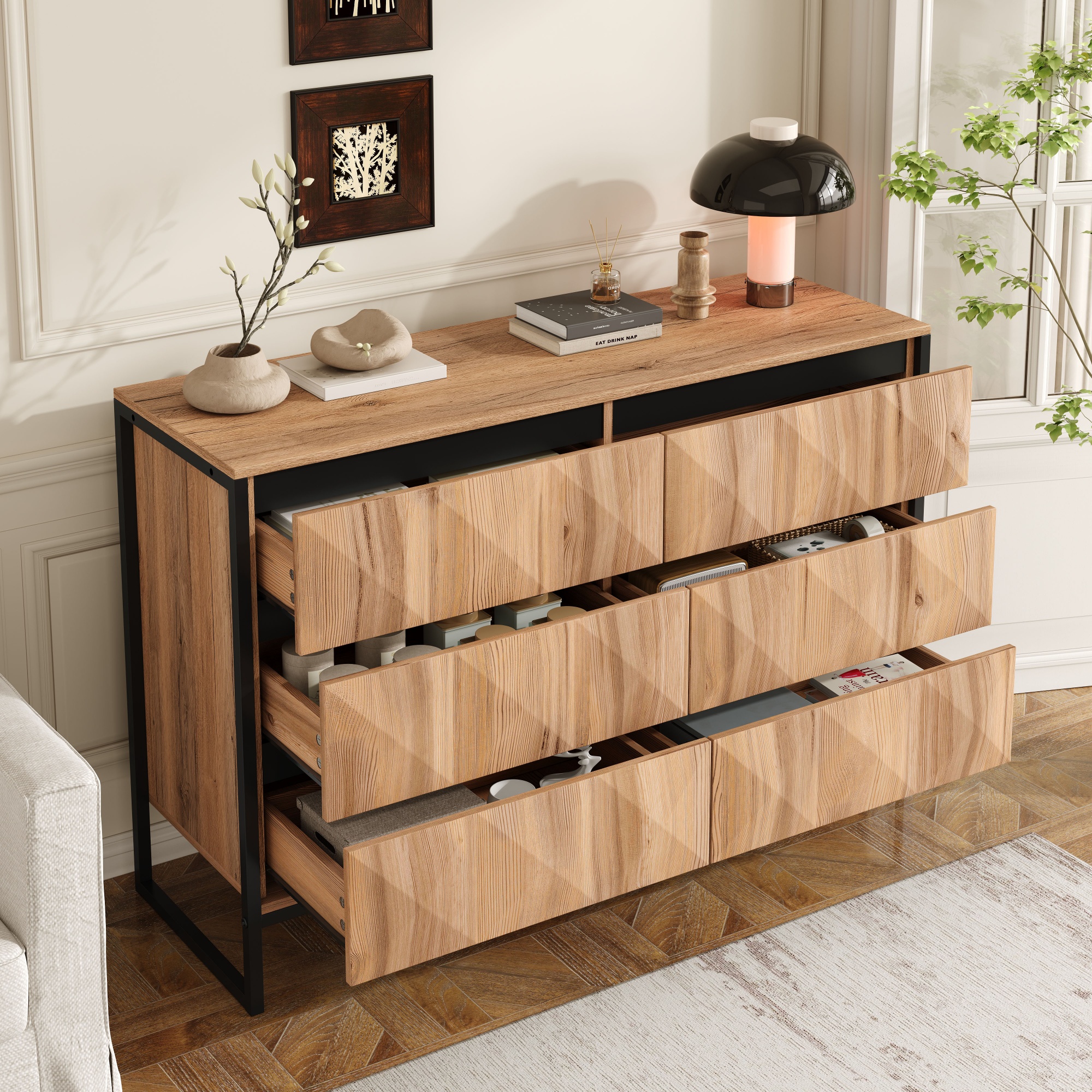Stilvora Kommode Mit 6 Schubladen Und Metallgestell, Strukturierte Fronten, Moderner Stil, Für Wohnbereich, Aus Spanplatte, Schwarz Natur, 120×40×80 Cm