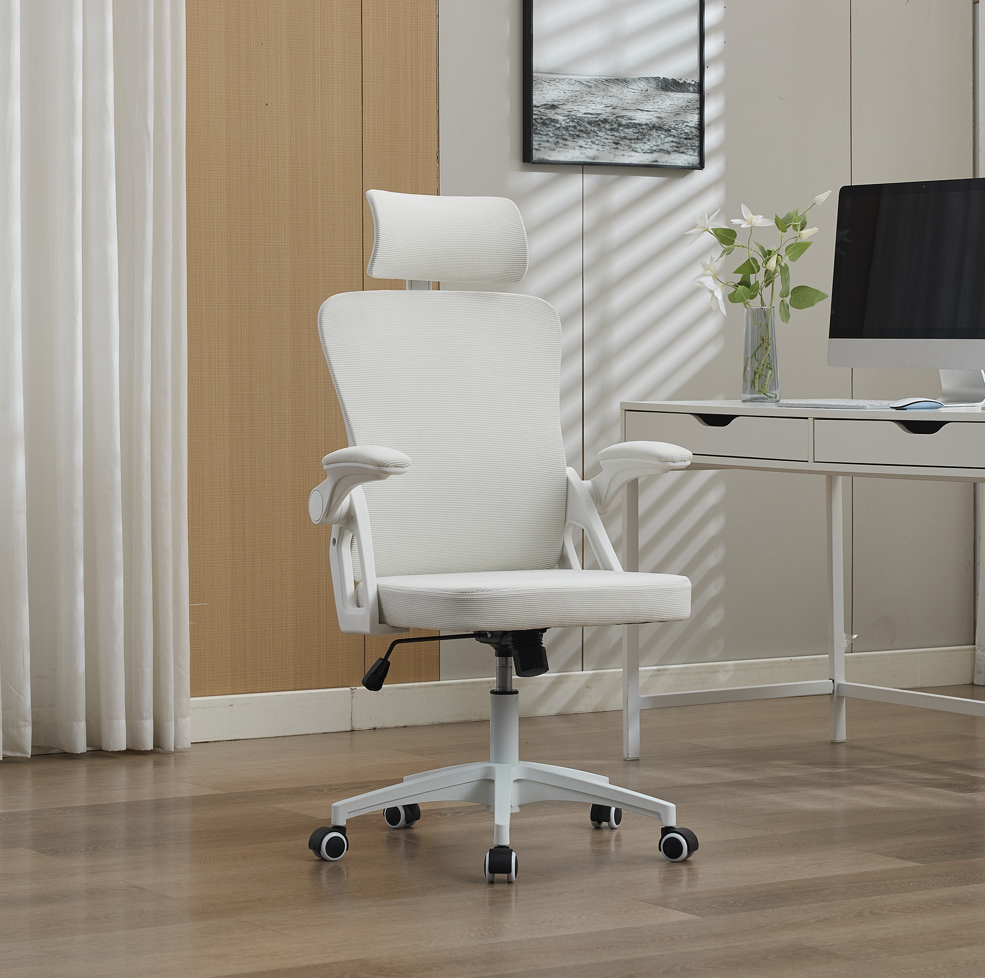 Chaise De Bureau Ergonomique Blanche En Tissu Rembourré Avec Dossier En