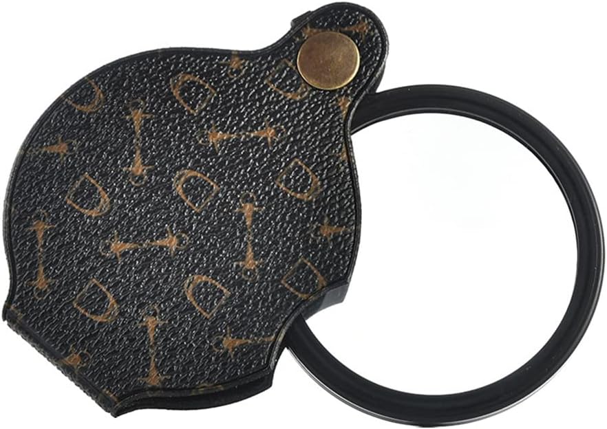 Loupe de poche pliable 15x, diamètre 70 mm, poignée en cuir et anneau porte-clés