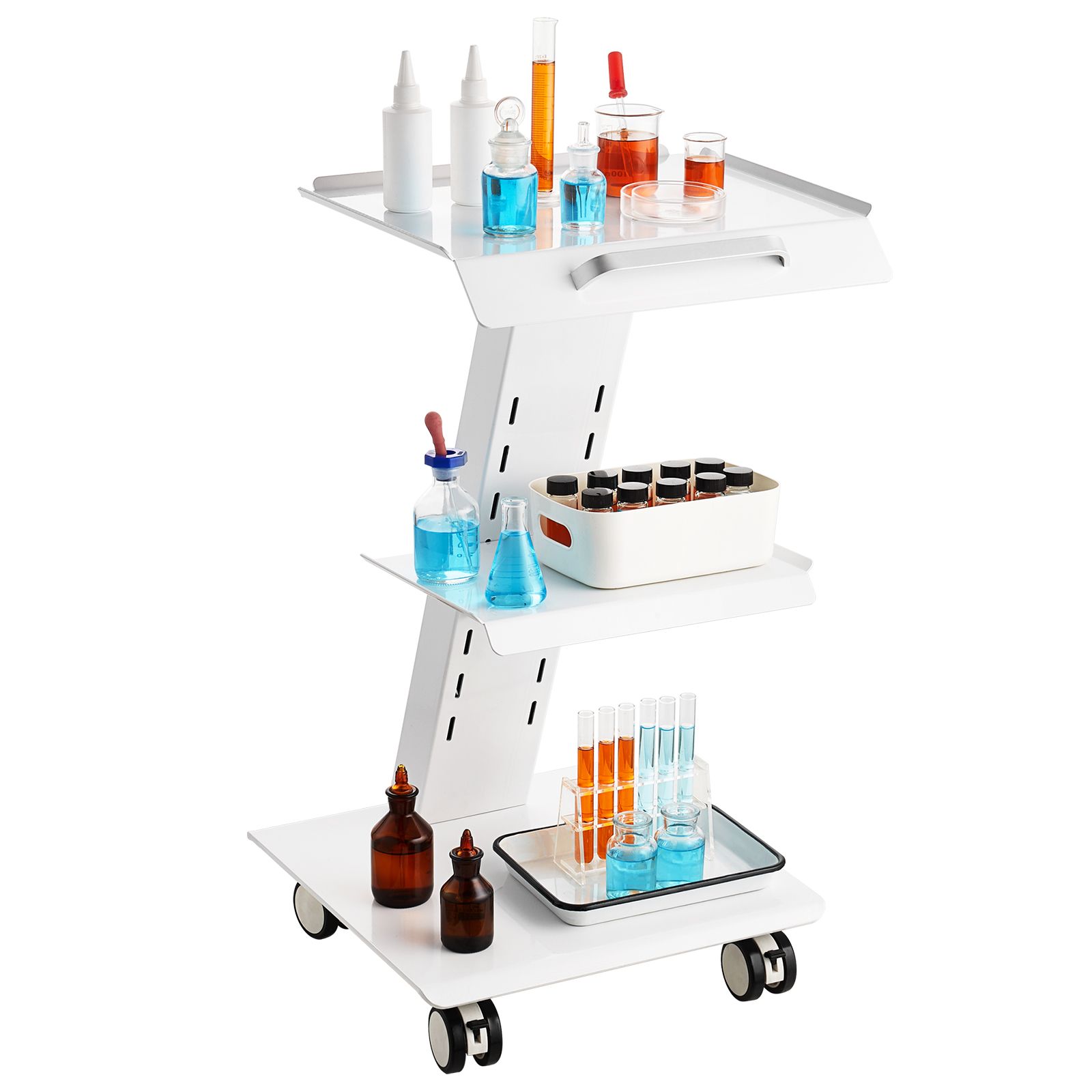 Chariot de laboratoire mobile 3 étagères en acier, prise intégrée, capacité 100 kg, roulettes pivotantes 360°