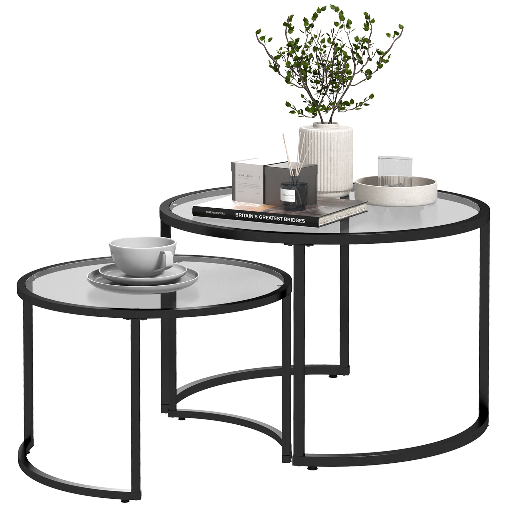 Ensemble De 2 Tables Basses Gigognes En Verre Et Acier, Ø70 X 47,5 Cm Et Ø54 X 42,5 Cm, Noires