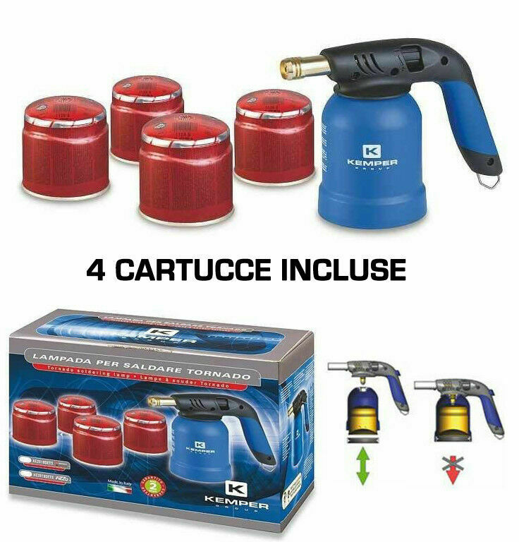 Saldatore A Gas Kemper Mini Bruciatore Fiamma Ossidrica Cannello + 4 Cartucce