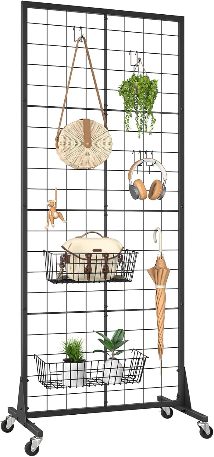 Panneau mural grillagé mobile sur roulettes, noir, 64,5 x 40 x 165 cm, 10 crochets fournis