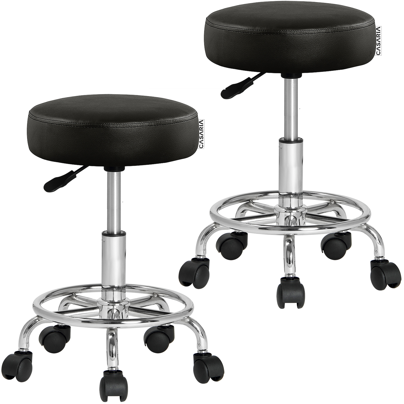 Casaria® Rollhocker Höhenverstellbar 10cm Polsterung 51-65cm Sitzhöhe 360° Drehbar Ø35cm Fußstütze Rund Büro Hocker Drehhocker Arbeitshocker  2er Set Schwarz