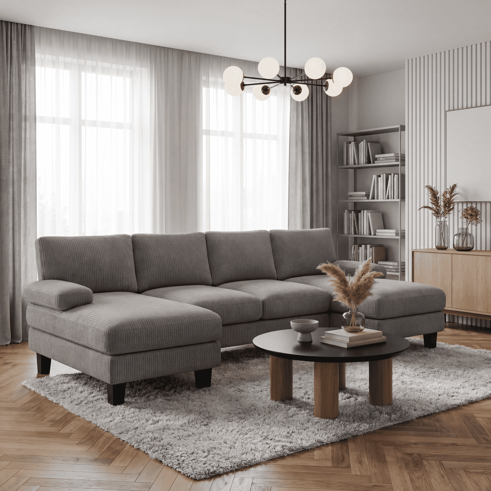 Ecksofa U-förmiges Bealife 4-sitzer Cordsofa Mit 2 Chaiselongues, 2 Armlehnenkissen Und 4 Rückenkissen Holz-metall-rahmen Für Das Wohnzimmer 271 X