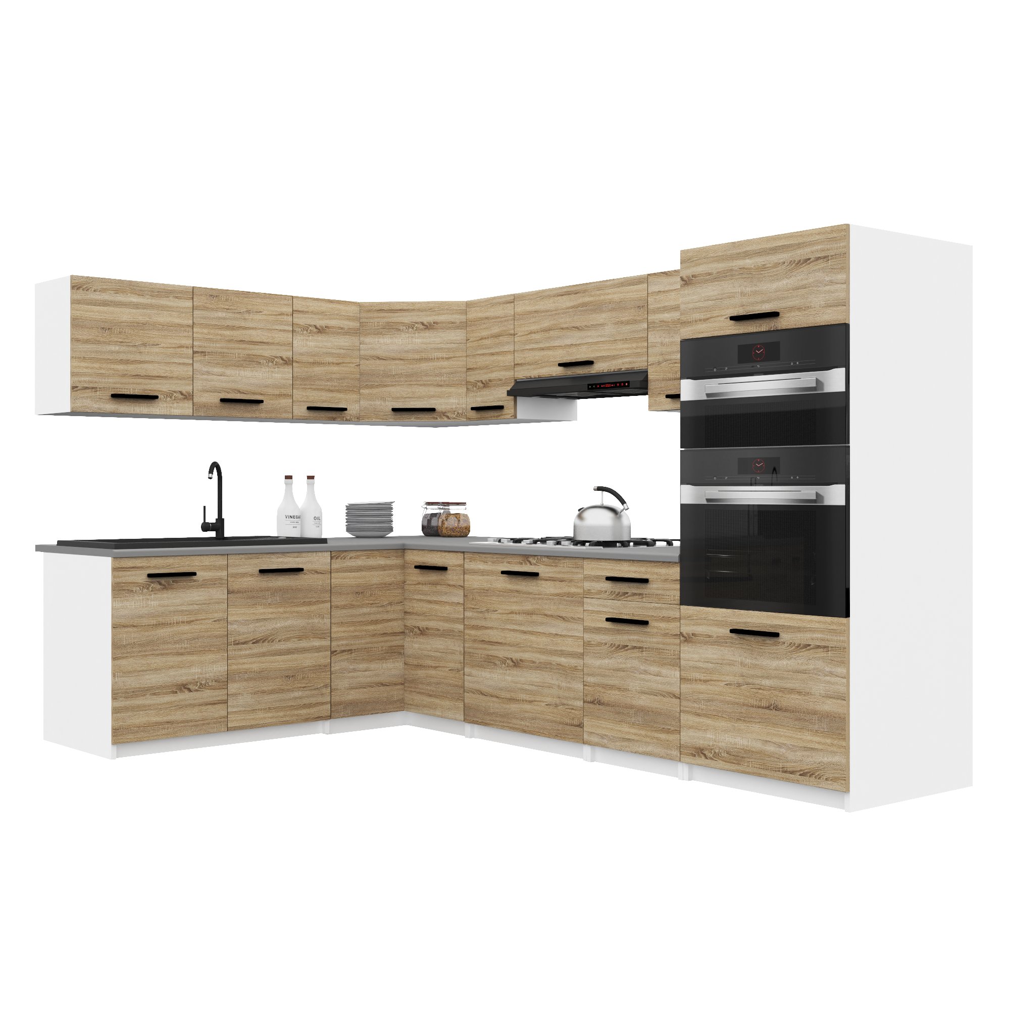Belini Italia 8 Cuisine Equipée Modulaire Complète - 420 Cm. Meubles Hauts Bas Avec Plan De Travail, Chêne Sonoma